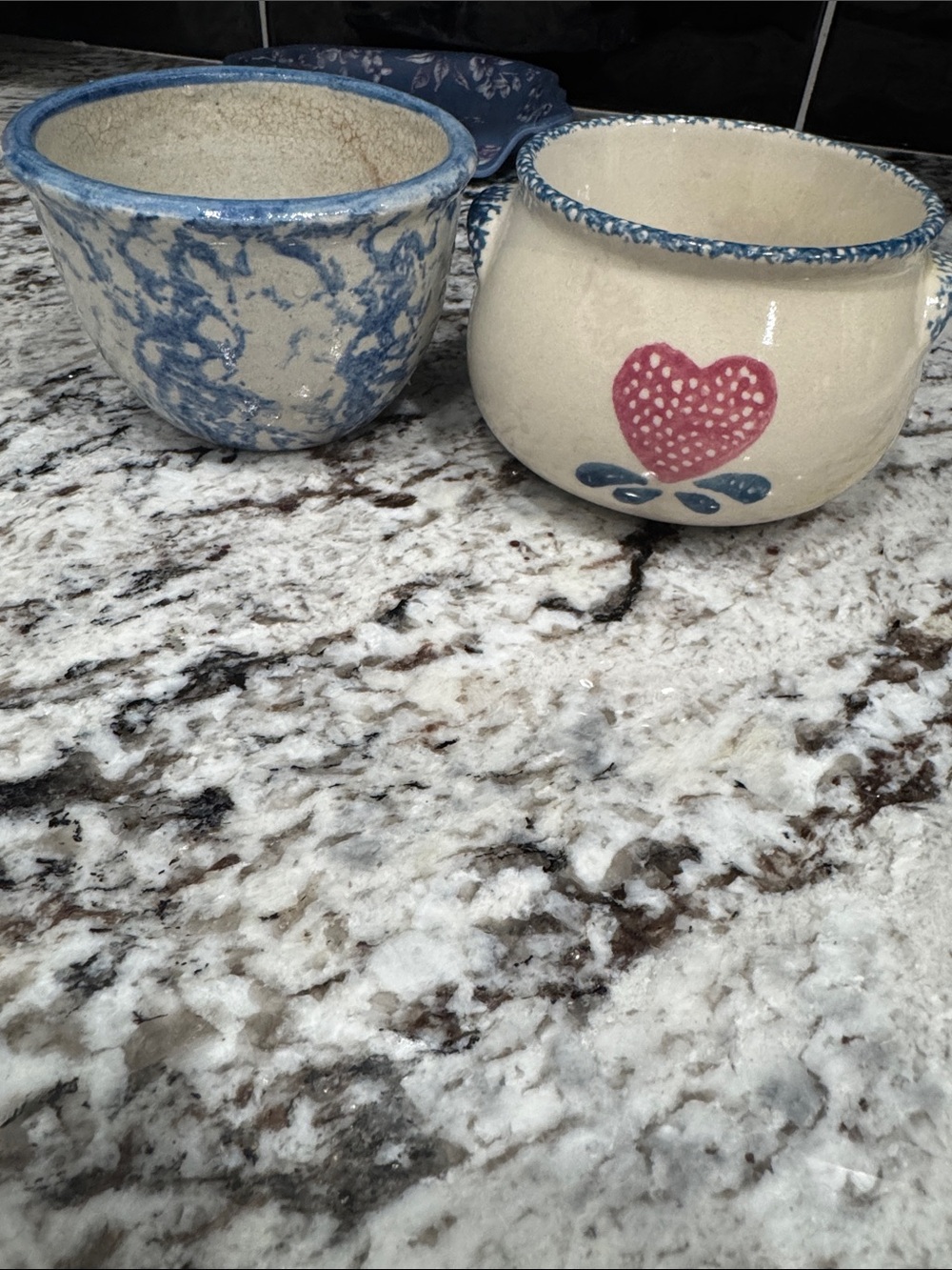 Handmade Ceramic Bowls with Blue Accents and Pink Heart